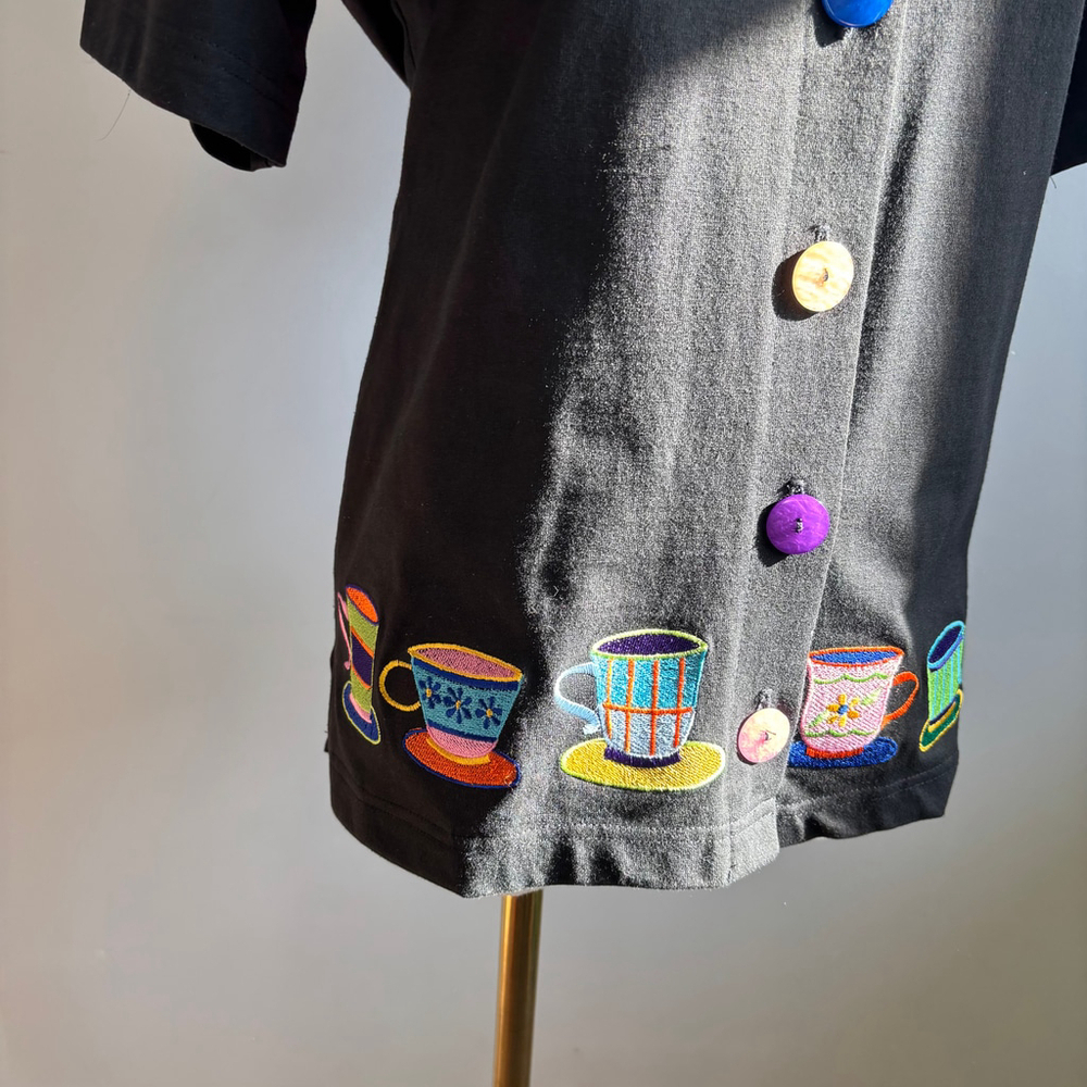 Bill & June Vintage Tea Cup Black Top, SZ M - Picture 3 of 9